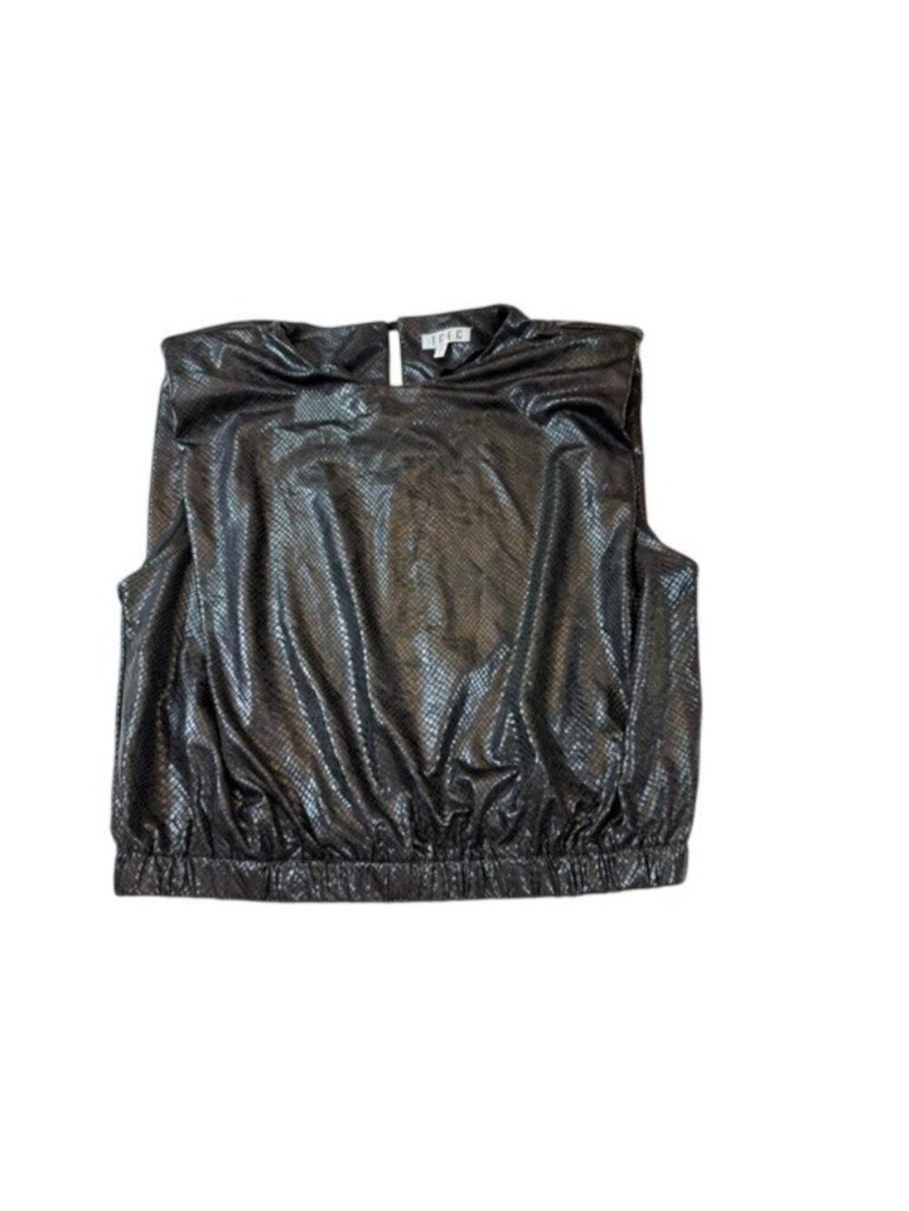 TCEC Black Sleeveless Mock Neck Top Large Snake Print Sheen Polyester (E848)